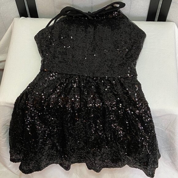 B Darlin Sequin High Neck Halter Open Back Ruffle Hem Mini Dress Black - Picture 6 of 15